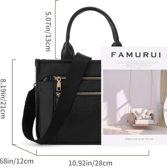 Black PU Leather Tote Bag for Women, Multi-Pocket, Travel-Compatible - Picture 4 of 8